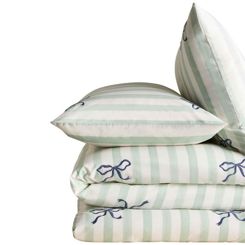 M&S Pure Cotton Bow Striped Bedding Set, Double (4 ft 6), Green Mix