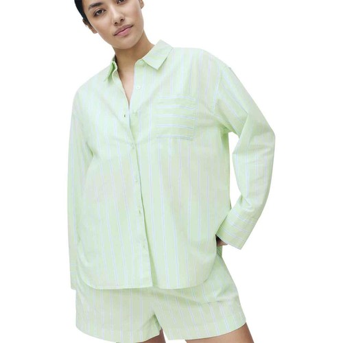 M&S Womens Pure Cotton Poplin Striped Pyjama Top, 8, Green