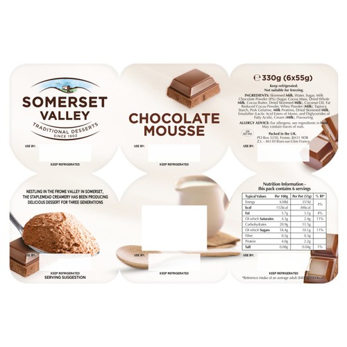 Somerset Valley Chocolate Mousse, 6 x 55g