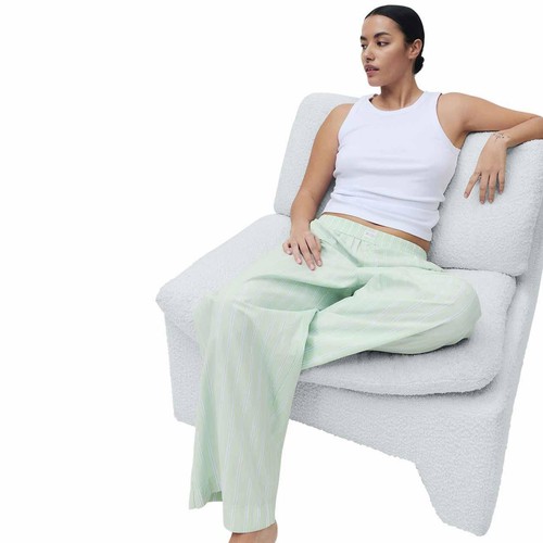 M&S Womens Pure Cotton Striped Wide Leg Pyjama Bottoms, 18, Green