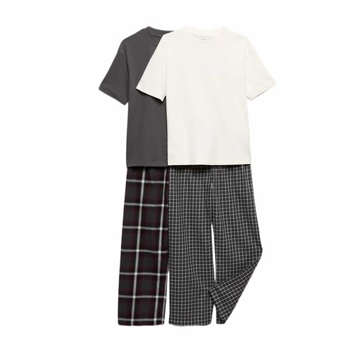 M&S Pure Cotton Checked Pyjama Sets, 11-12Y, Grey Mix