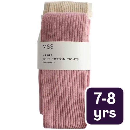 M&S Glitter Rib Tights, 7-8 Y, Pink 