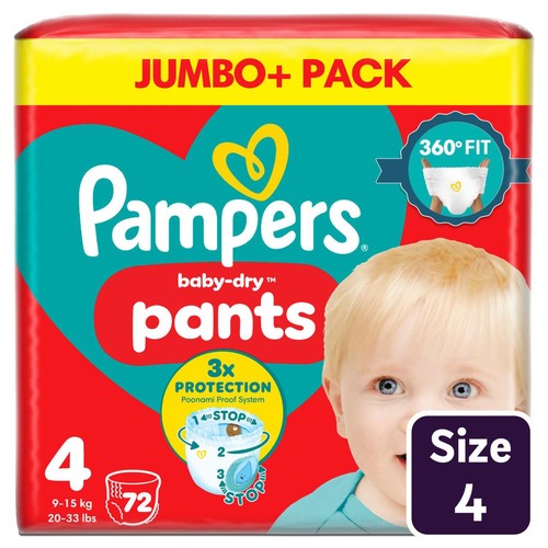 Pampers Baby-Dry Nappy Pants, Size 4 (9-15kg) Jumbo+ Pack