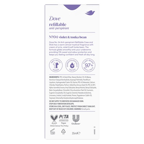 Dove No4 Violet & Tonka Bean 72h Antiperspirant Deodorant Refillable Kit