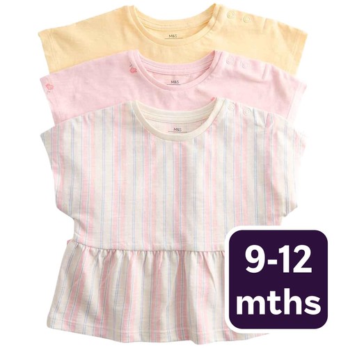 M&S Girls Pure Cotton Patterned Tops, 9-12 Months, Multi
