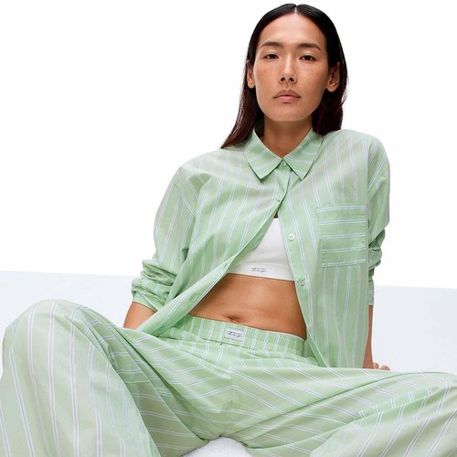 M&S Womens Pure Cotton Striped Wide Leg Pyjama Bottoms, 18, Green