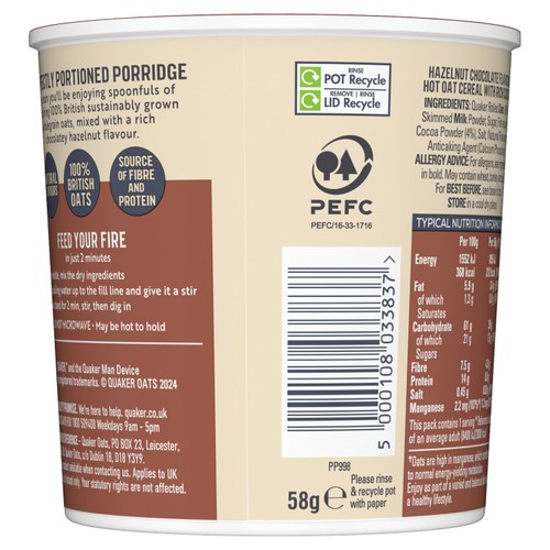 Quaker Heavenly Oats Hazelnut Chocolate Porridge Cereal Pot