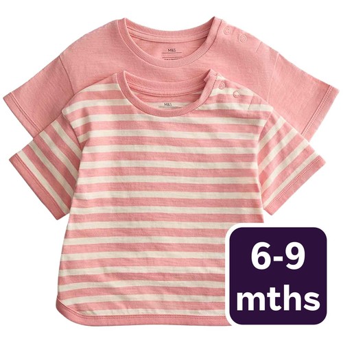 M&S Girls Pure Cotton Patterned Tops, 6-9 Months, Pink Mix