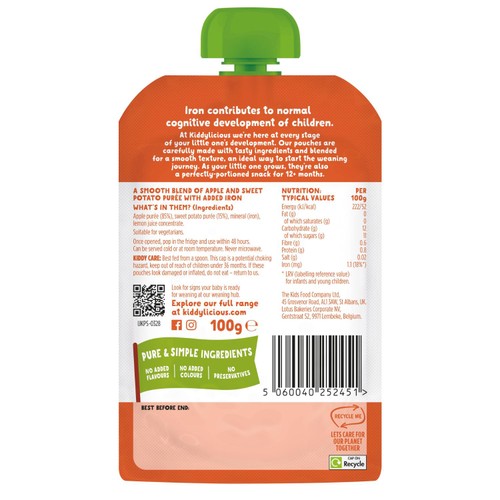 Kiddylicious Apple & Sweet Potato Pouch Snack Baby Food 6+ months