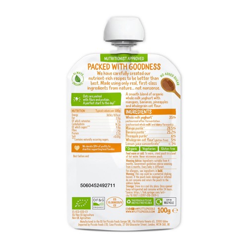 Piccolo Brekkie Mango & Pineapple Organic Baby Food Pouch 6mths+