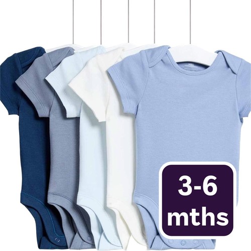 M&S Unisex Pure Cotton Plain Short Sleeve Bodysuits, 3-6 M, Blue