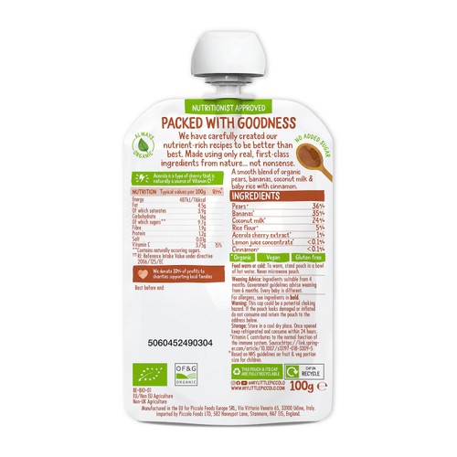 Piccolo Pear, Banana, Coconut Milk & Baby Rice Baby Food Pouch 4+ Months