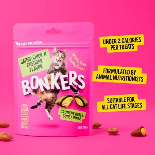 BONKERS Crunchy And Soft Cat Treats Catnip, Chick N' Cheddar Flavour