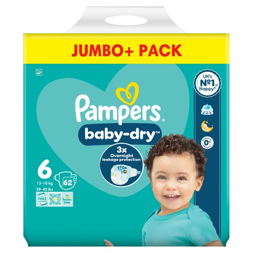Pampers Baby-Dry Nappies, Size 6 (13-18kg) Jumbo+ Pack