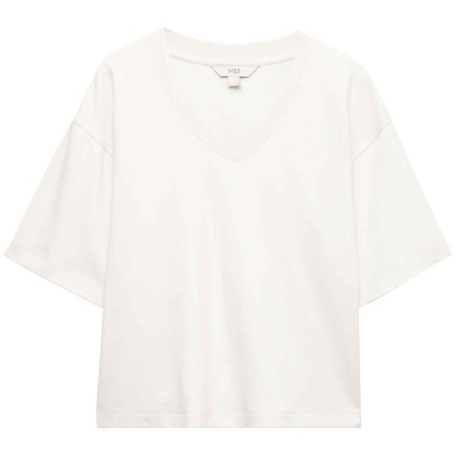 M&S Womens Pure Cotton Heavyweight V-Neck Top, Size 10, Soft White