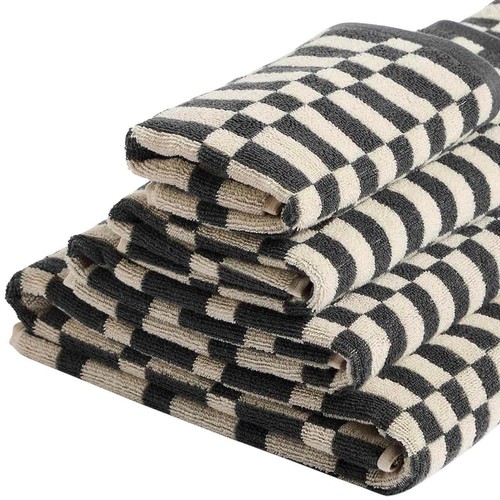 M&S Pure Cotton Geometric Check Towel, Hand Towel, Charcoal
