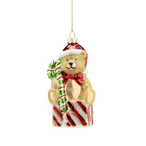 Hanging Gold Glass Teddy on Parcel 12cm