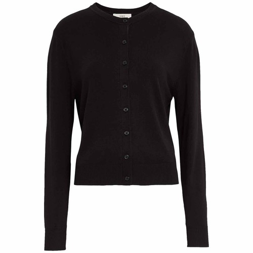 M&S Womens Crew Neck Button Front Cardigan, 14 Black