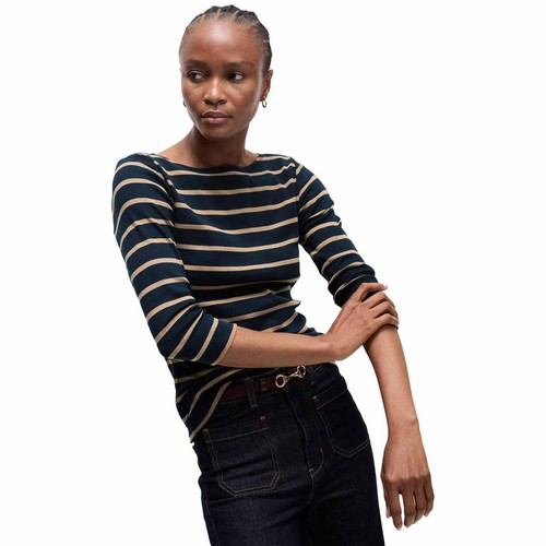 M&S Womens Pure Cotton Striped, Slim Fit Top, size 12, Dark Navy