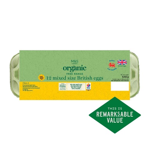 M&S Organic British 12 Free Range Mixed Size Eggs