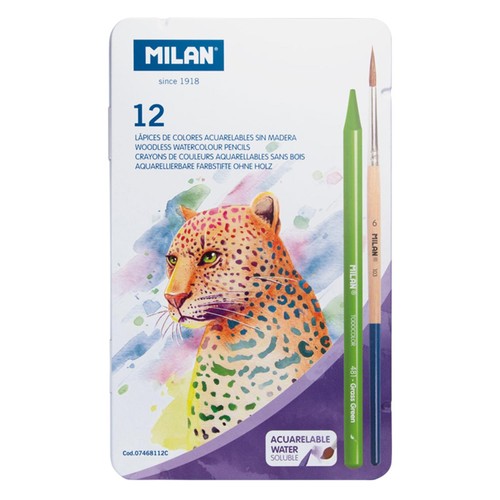 MILAN Metal box 12 woodless watersoluble colour pencils + brush