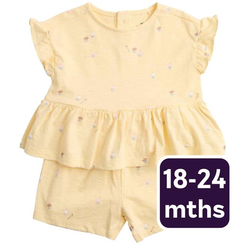 M&S Cotton Cupcake Jersey Top and Short, 18-24 M, Yellow