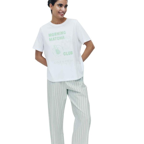 M&S Womens Pure Cotton Pyjama Set With Woven Bottoms, Small, Green Mix