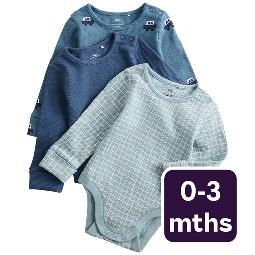 M&S Baby 3pk Pure Cotton Car Long Sleeve Bodysuits, 0-3 M Navy