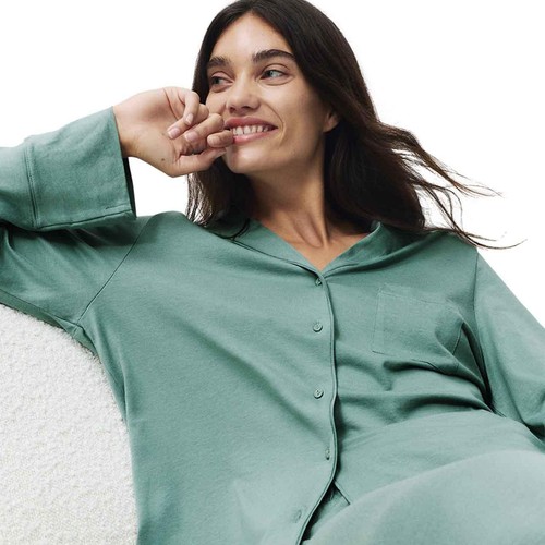 M&S Womens Cotton Modal Revere Pyjama Set, S, Green