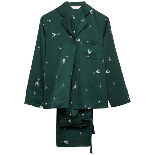 M&S Womens Dream Satin Cocktail Print Pyjama Set, 16, Light Green Mix