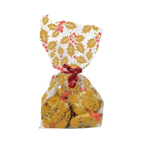 Festive Holly Cello Bags with twist Ties