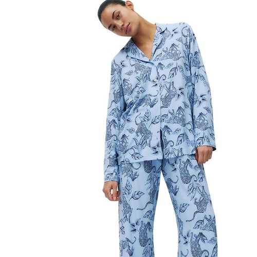 M&S Womens Soft Touch Printed Revere Pyjama Set, Extra Large, Navy Mix