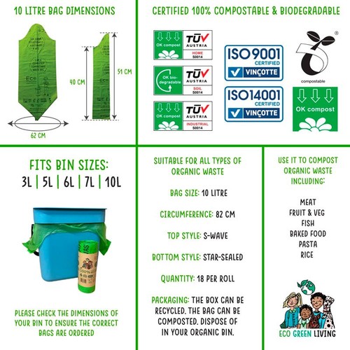 Eco Green Living Certified Compostable 10L Caddy Bags