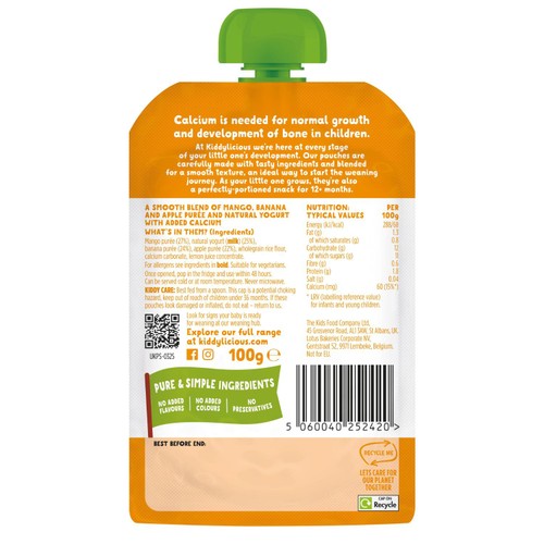 Kiddylicious Mango, Banana, Apple & Yoghurt Pouch Snack Baby Food 6+ months