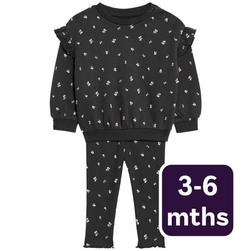 M&S Floral Sweat Outfit, 3-6 Months, Grey