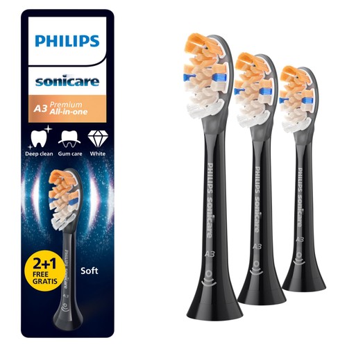 Philips Sonicare Genuine A3 Premium All-in-One Brush Head, Black, 2+1 Pack