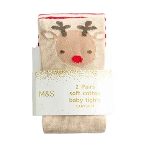 M&S Girls Cotton Rich Reindeer Tights, 12-18 Months, Cream Mix