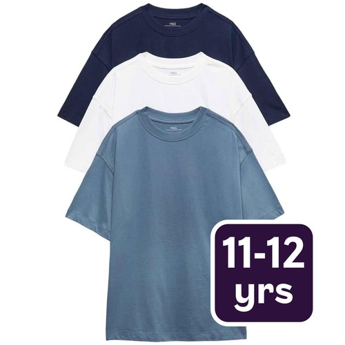 M&S Unisex Pure Cotton T-Shirts, 11-12 Years, Navy Mix