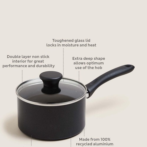 M&S Black Aluminium 16cm Non-Stick Saucepan, Black
