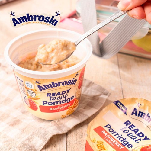 Ambrosia Ready to Eat Porridge Oat Cereal Pot Raspberry Layer