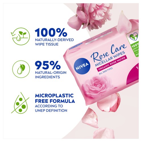 NIVEA Rose Care Biodegradable Micellar Face Wipes with Organic Rose Water
