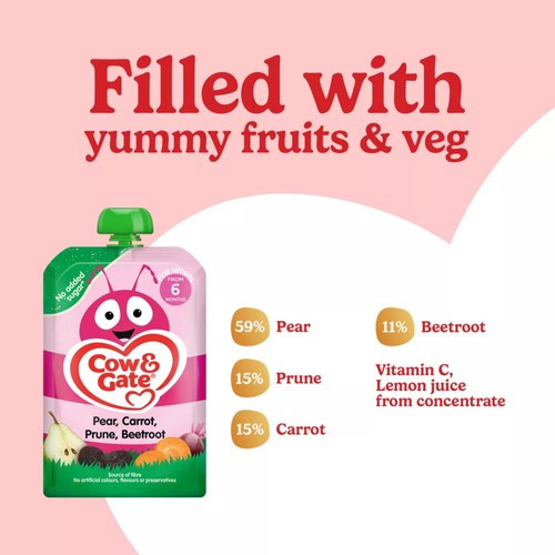 Cow & Gate Fruit Pouch Pear Carrot Prune Beetroot Baby Food 6+ Months