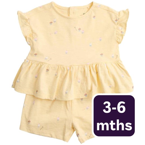 M&S Cotton Cupcake Jersey Top and Short, 3-6 M, Yellow