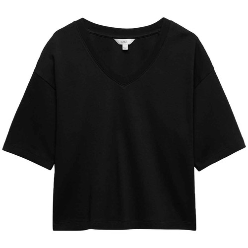 M&S Womens Pure Cotton Heavyweight V-Neck Top, Size 14, Black