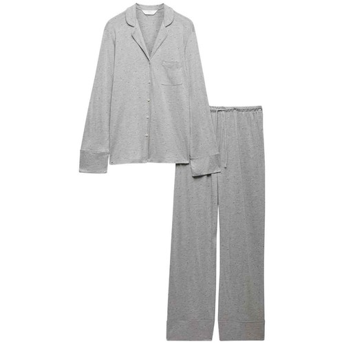 M&S Womens Cotton Printed Revere Pyjama Set, Grey, XL