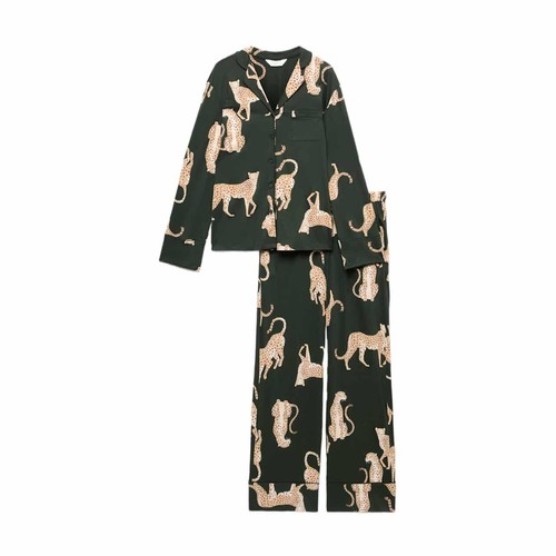 M&S Womens Cotton Modal Printed Revere Pyjama Set, L, Dark Green
