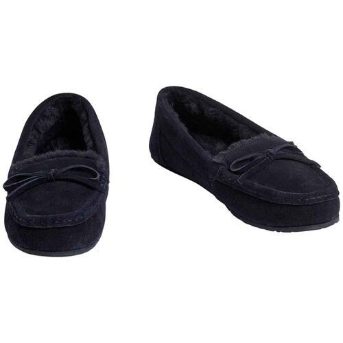 M&S Suede Faux Fur Lined Moccasin Slippers, Size 4, Midnight Navy