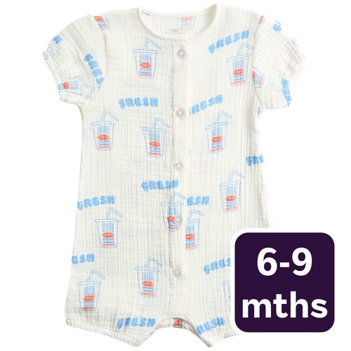 M&S Unisex Pure Cotton Milkshake Print Romper, 6-9 M, Cream