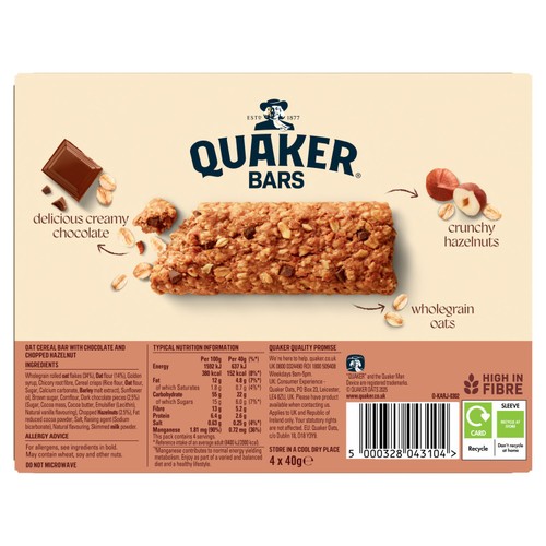 Quaker Cereal Bar Chocolate and Hazelnut