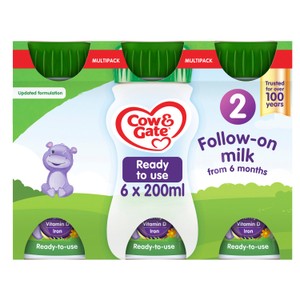 Cow & Gate 2 Follow On Baby Milk Liquid Formula, Ready to Drink, 6-12 Months, 6x200 ml